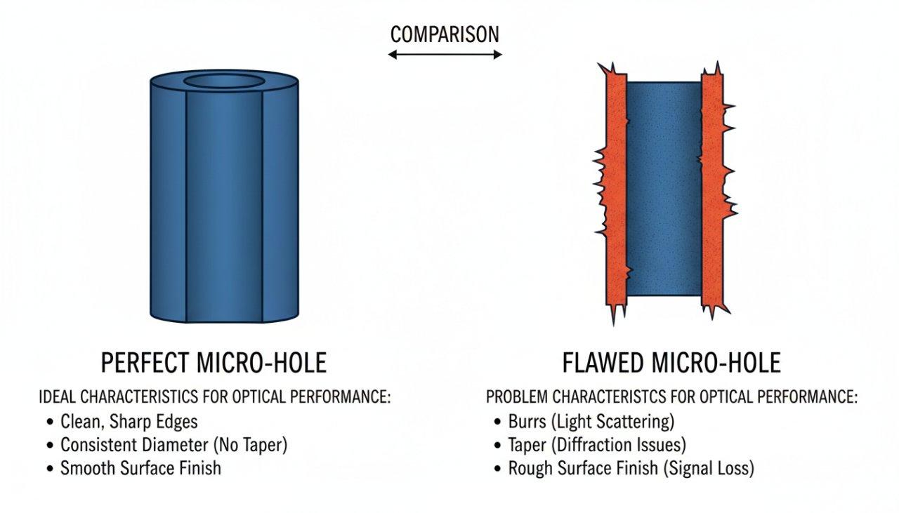 Un graphique vectoriel comparant un micro-trou idéal avec des bords nets et un diamètre cohérent à un micro-trou défectueux présentant des bavures, une conicité et une surface rugueuse