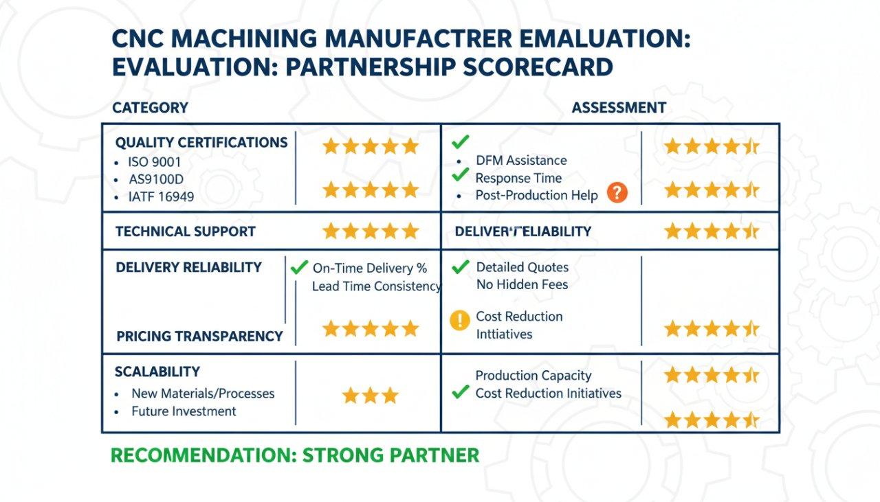 Un gráfico vectorial que ilustra una lista de evaluación o tarjeta de puntuación para valorar a los fabricantes de mecanizado CNC para una asociación a largo plazo, que presenta
