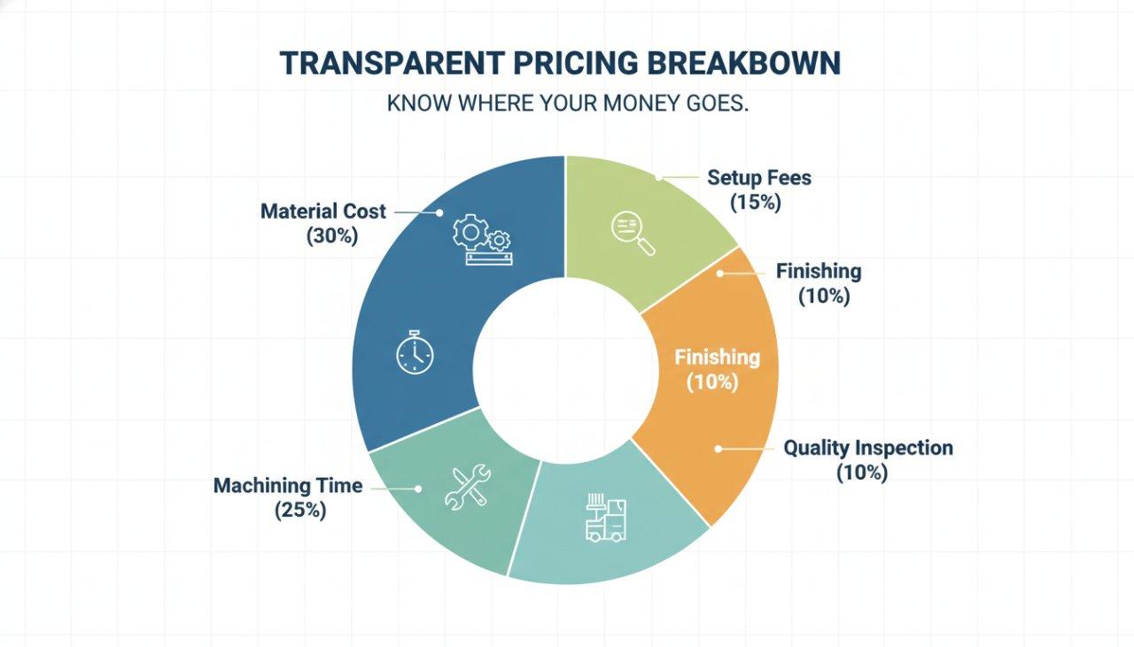 A vector graphic infographic illustrating a transparent pricing model with a detailed cost breakdown. The visual uses a pie chart to clearly segme