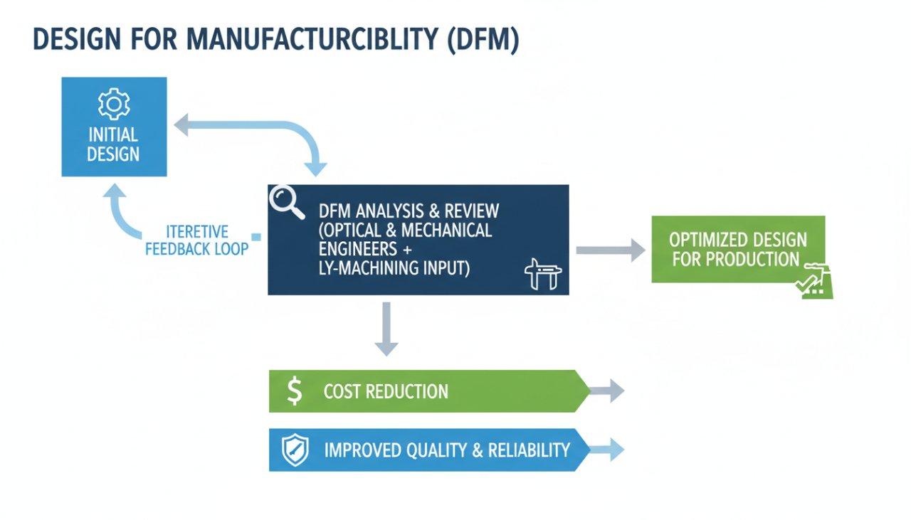 Eine Vektorgrafik-Infografik, die den Design for Manufacturability (DFM)-Prozessablauf für optische Gehäuse veranschaulicht. Es zeigt die wichtigsten Phasen von Anfang an