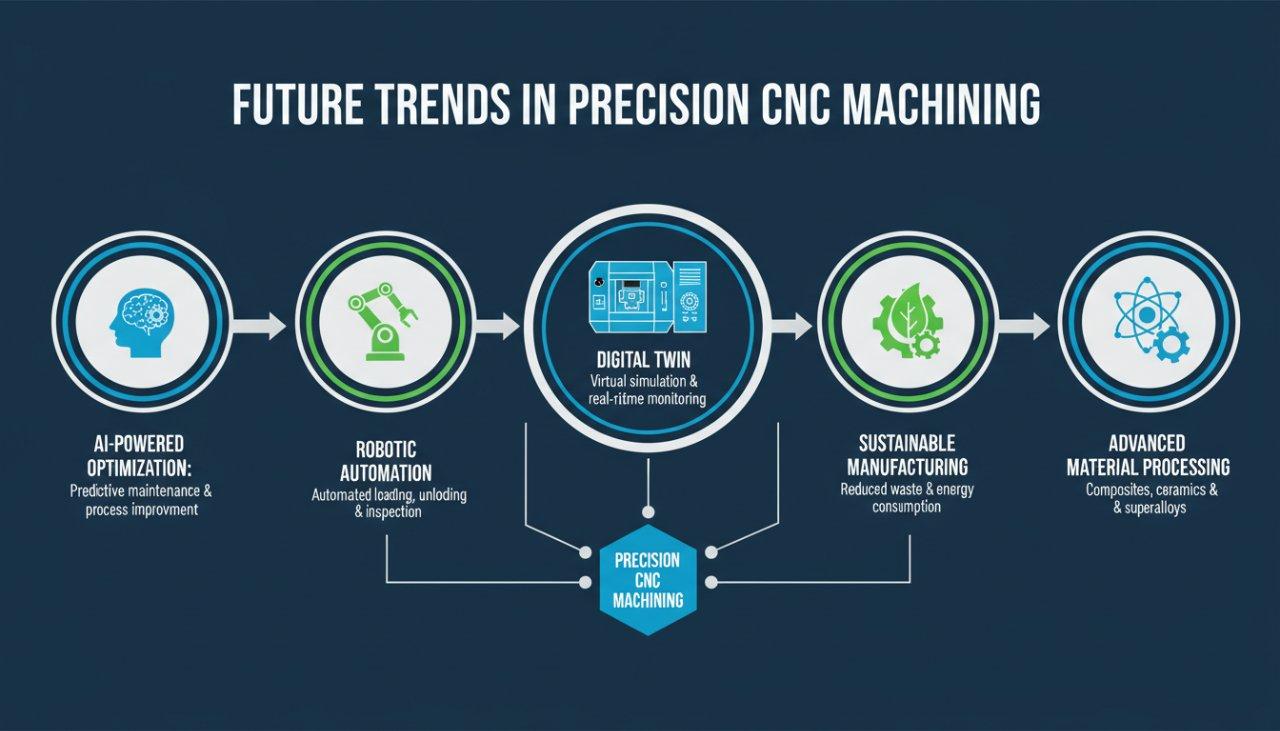 Una infografía gráfica vectorial que ilustra las tendencias futuras en el mecanizado CNC de precisión. Representa visualmente conceptos interconectados como la optimización impulsada por IA, la automatización robótica, la tecnología de gemelos digitales, la fabricación sostenible y el procesamiento avanzado de materiales, cada uno representado por un icono distinto y un breve texto descriptivo.