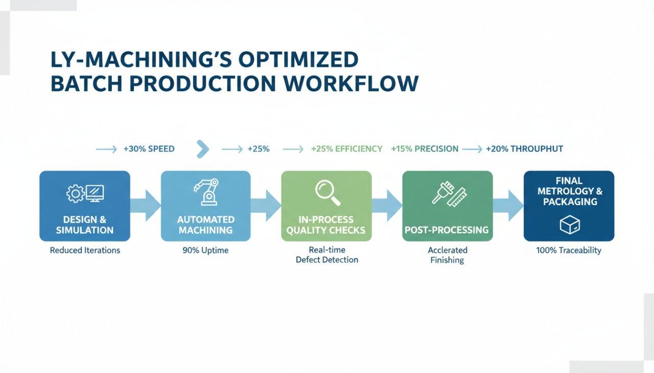 A vector graphic infographic titled "ly-machining's Optimized Batch Production Workflow." It illustrates a streamlined linear manufacturing process from Design & Simulation to Automated Machining, In-Process Quality Checks, Post-Processing, and Final Metrology & Packaging, highlighting efficiency metrics.