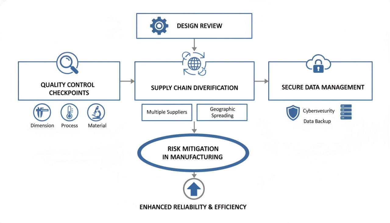Un diagrama de flujo infográfico vectorial que ilustra estrategias integrales de mitigación de riesgos específicamente para la fabricación de precisión. La estrella del proceso