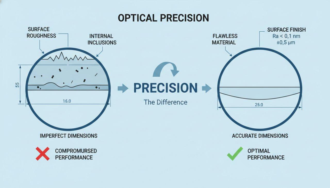 Eine Vektor-Infografik veranschaulicht die optische Präzision und zeigt zwei vergrößerte Querschnitte von Linsen. Eine Linse zeigt winzige Unvollkommenheiten wie Oberflächen