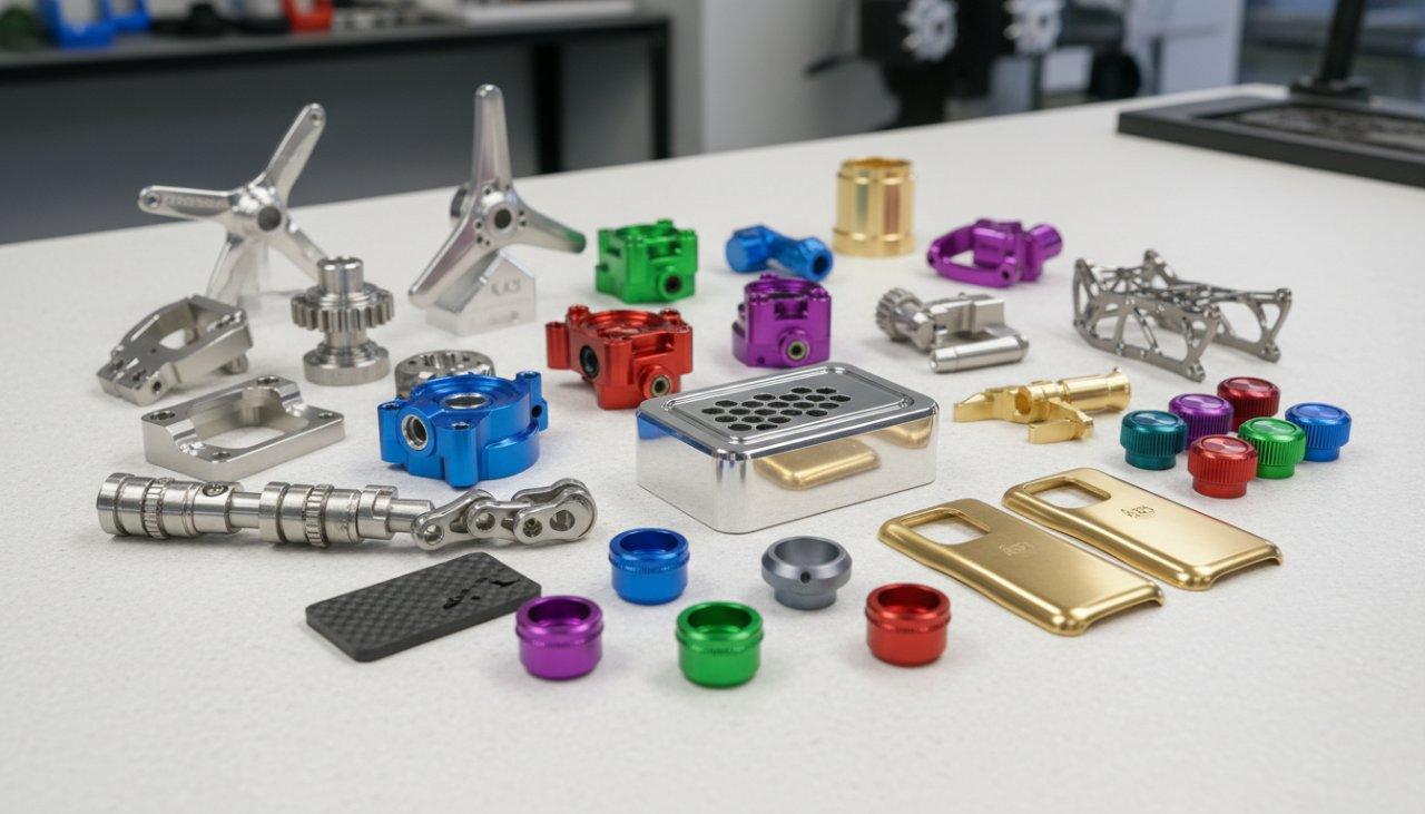 A vibrant collection of small to medium-sized CNC machined prototypes and production parts, artfully arranged to showcase diverse materials including anodized aluminum, polished stainless steel, and brass. The display features intricate electronic enclosures and precision mechanical components for robotics and consumer gadgets, demonstrating exceptional versatility and manufacturing precision across various industries.