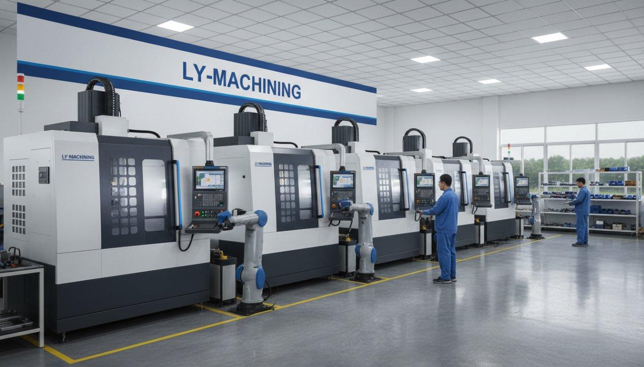 Advanced multi-axis CNC machining centers in operation inside ly-machining's modern, clean factory. The well-lit scene highlights professional man
