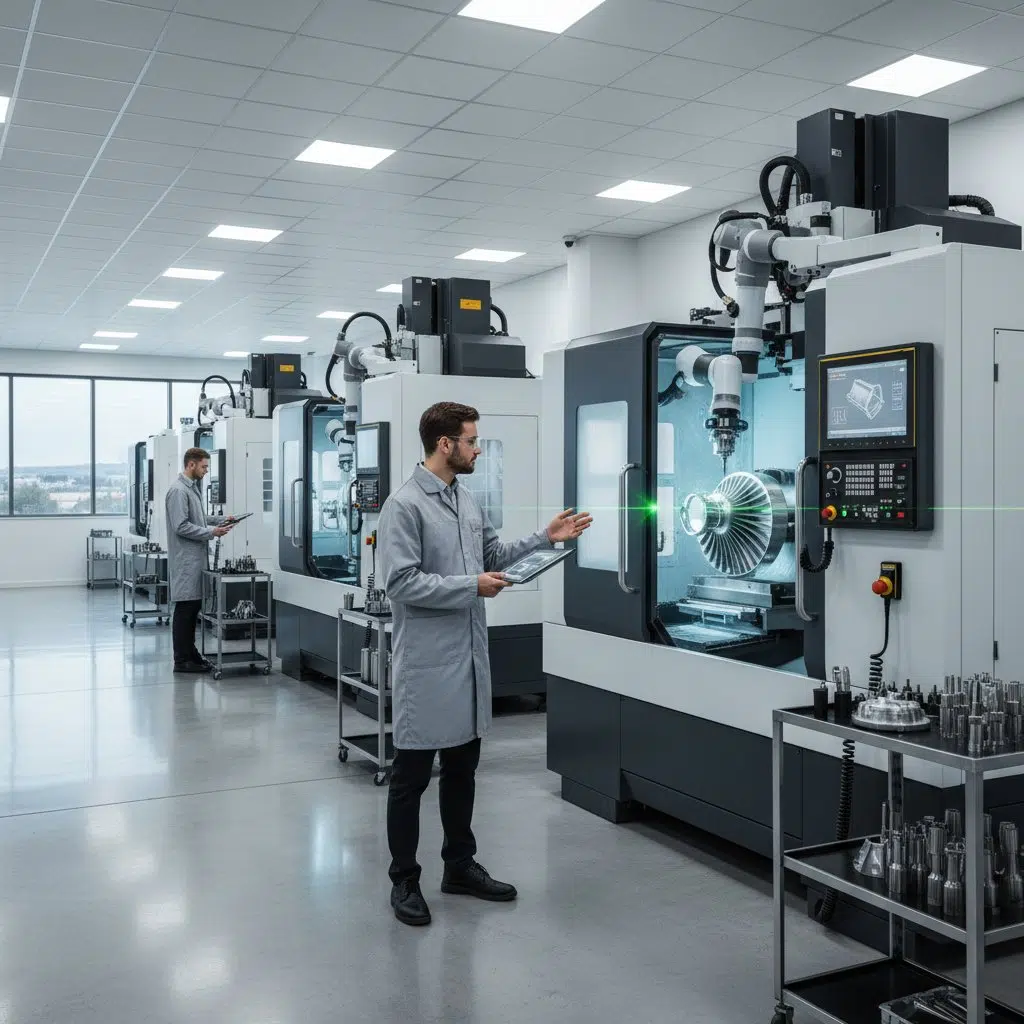 An engineer reviews a digital blueprint on a tablet in a clean modern factory floor where advanced 5 axis CNC machining centers are actively pro