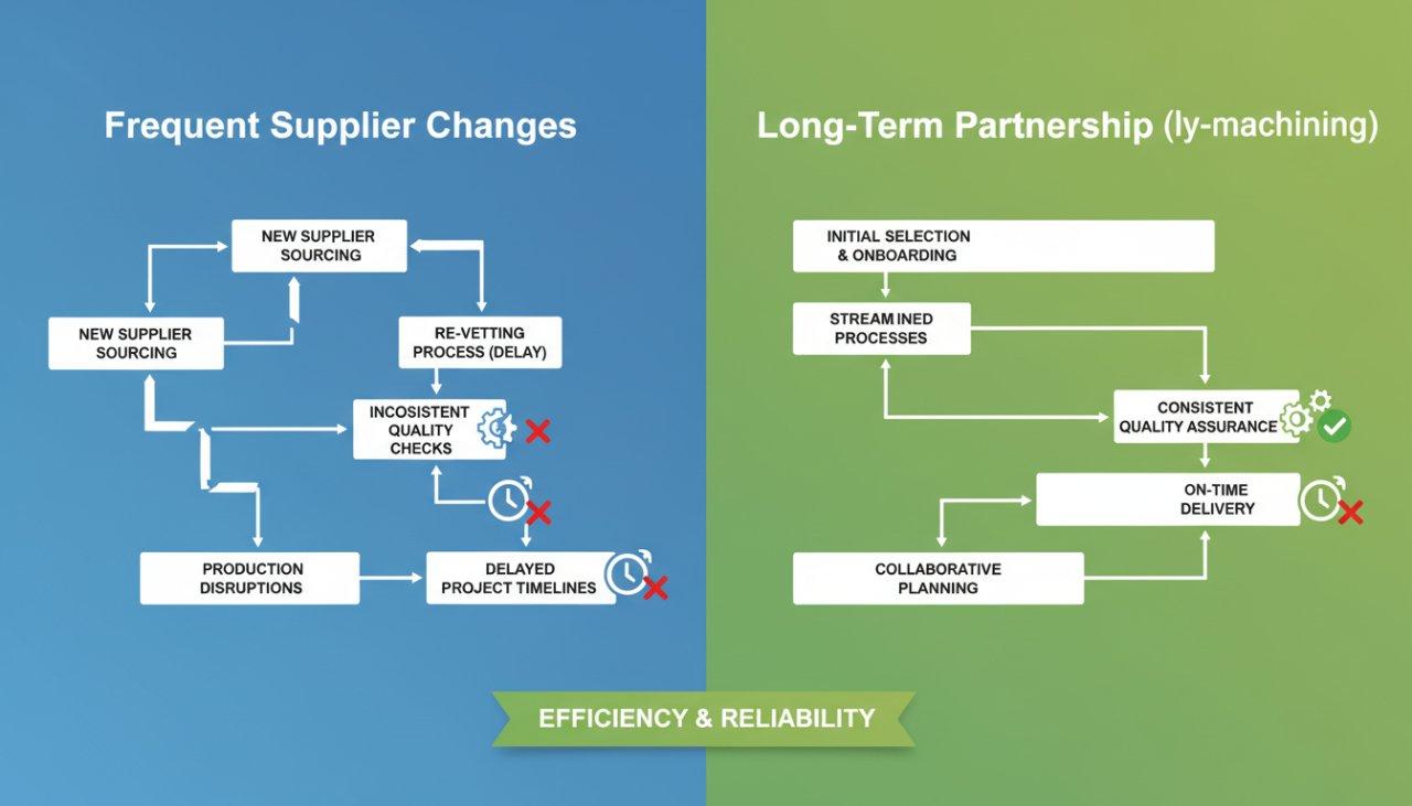 An infographic featuring two side-by-side flowcharts illustrating the impact of supplier management strategies. The first flowchart, labeled Freq