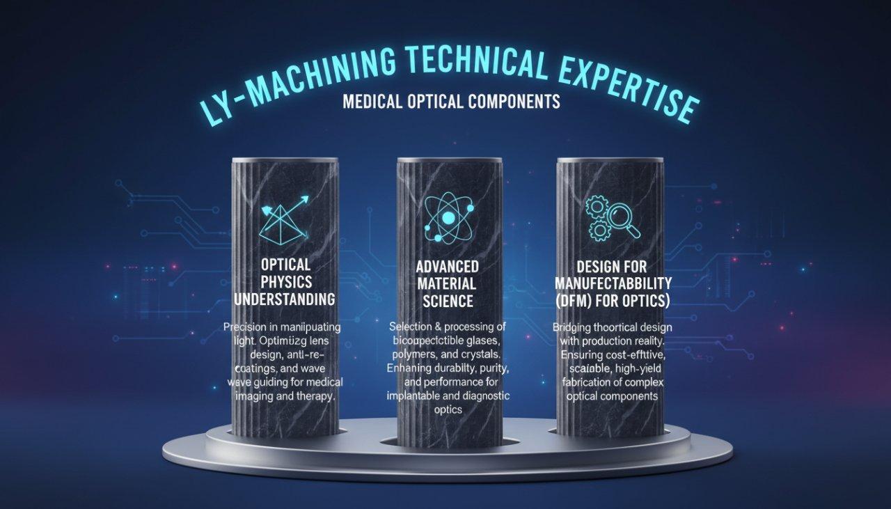 Une infographie illustrant les trois piliers d'expertise technique fondamentaux de ly-machining, cruciaux pour les composants optiques médicaux : Physique Optique
