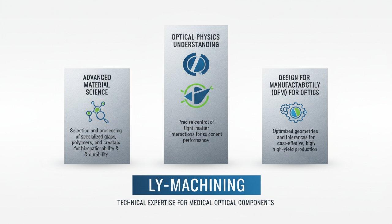 Eine Infografik, die die drei Kernkompetenzsäulen von ly-machining für medizinische optische Komponenten veranschaulicht: Optische Physik, Verständnis