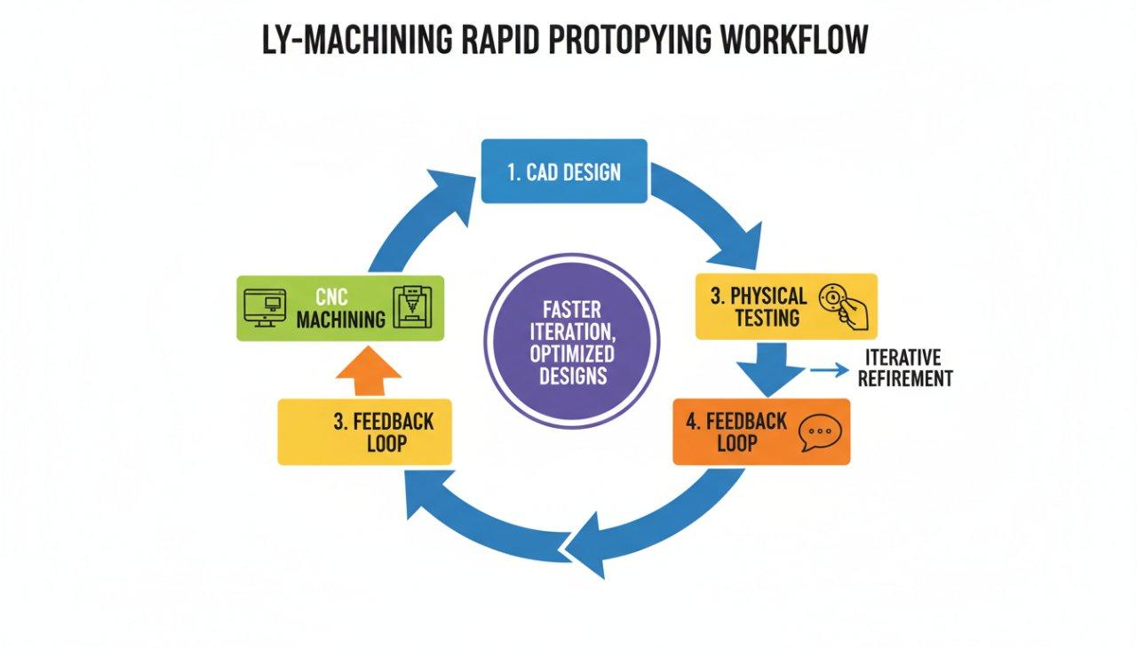 Une infographie illustrant le flux de travail de la prototypage rapide par usinage ly, représentant un processus circulaire englobant la conception CAO, l'usinage CNC, les tests physiques, une boucle de rétroaction essentielle et un affinage itératif pour un développement de produit efficace et une innovation.