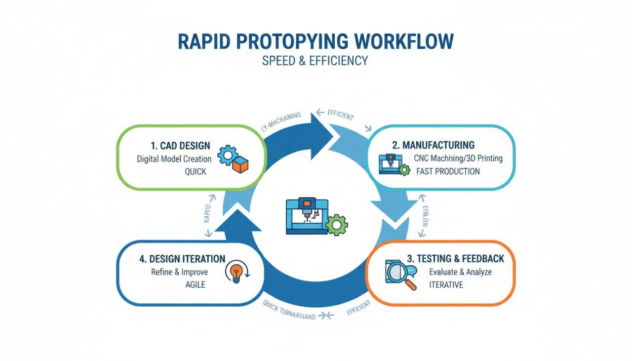 Une infographie illustrant le flux de travail de la prototypage rapide, présenté comme un processus circulaire. Elle détaille visuellement chaque étape : conception CAO, usinage CNC rapide