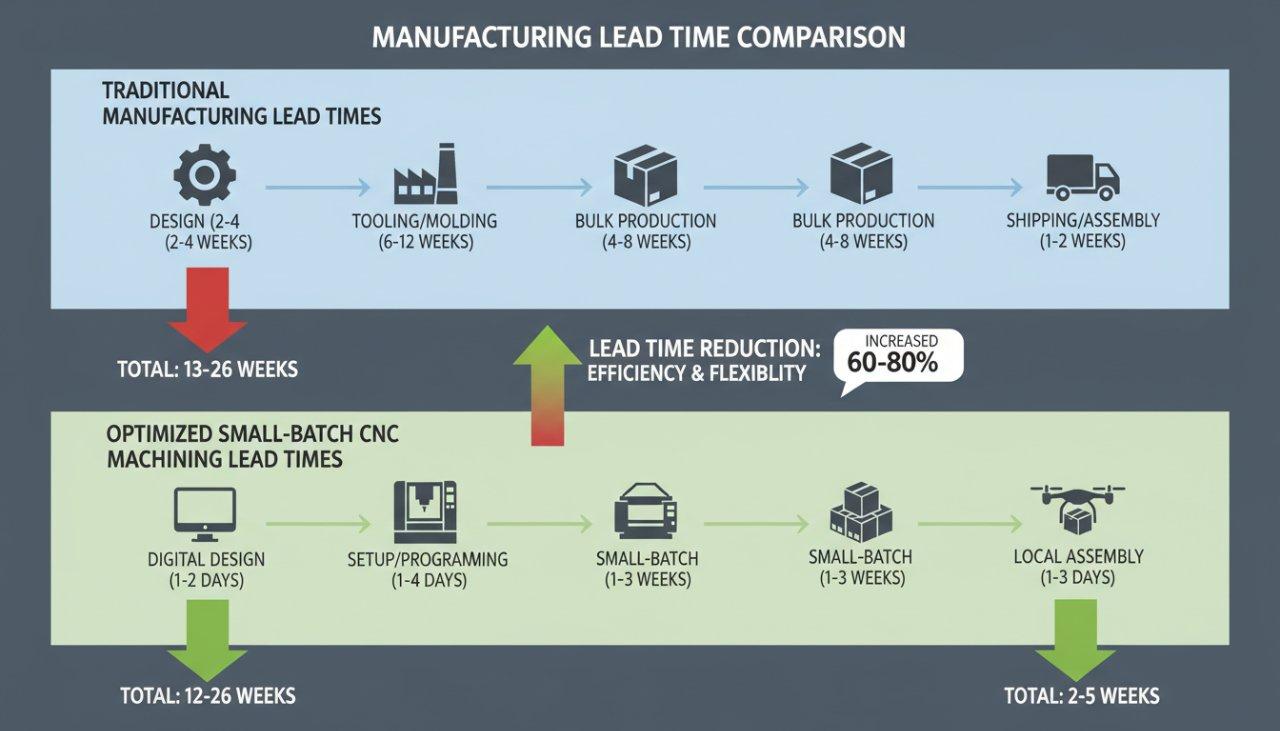 An infographic visually comparing traditional manufacturing lead times with optimized small batch CNC machining lead times, highlighting significa