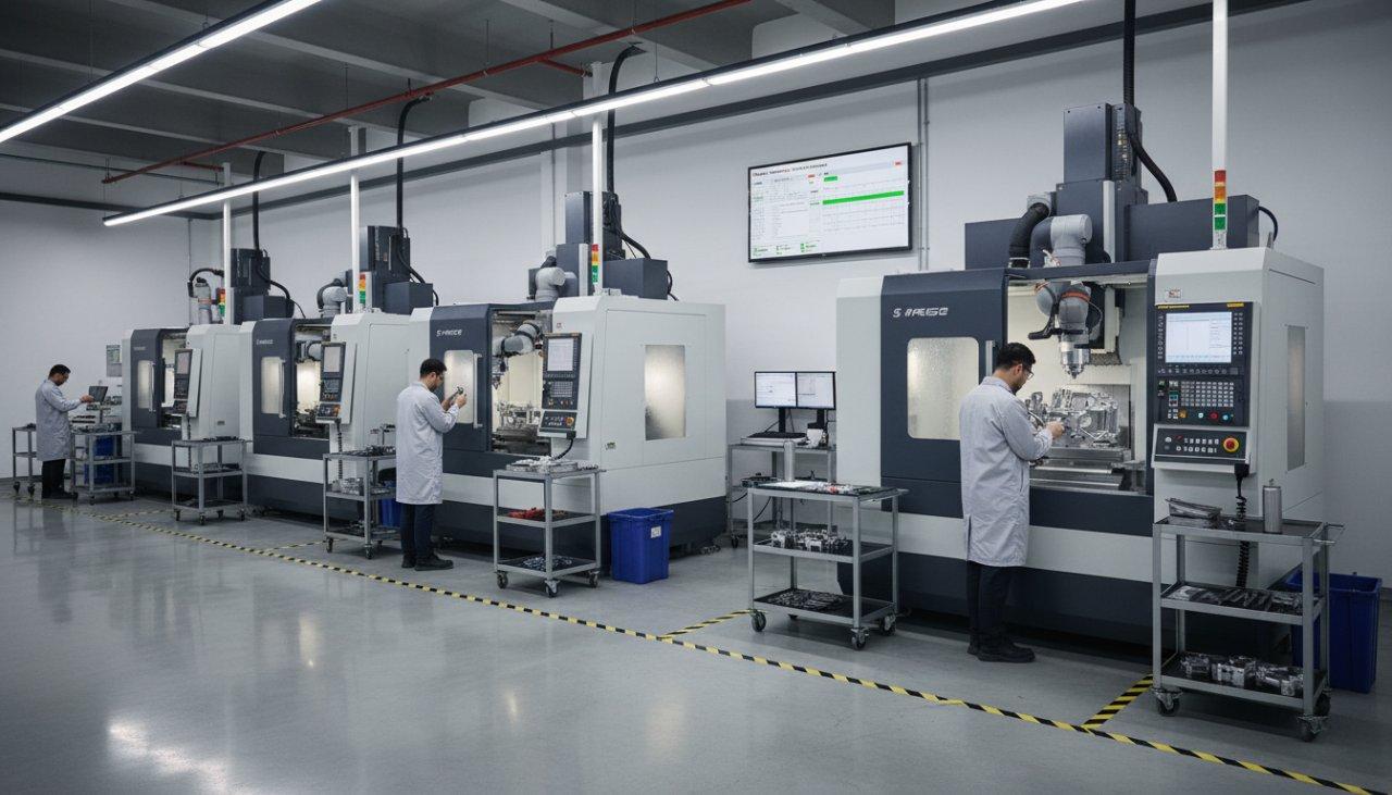 Ein organisierter Fertigungsbereich mit mehreren hochpräzisen 5-Achs-CNC-Maschinen, die aktiv in Betrieb sind. Ingenieure sind sorgfältig bei der Arbeit