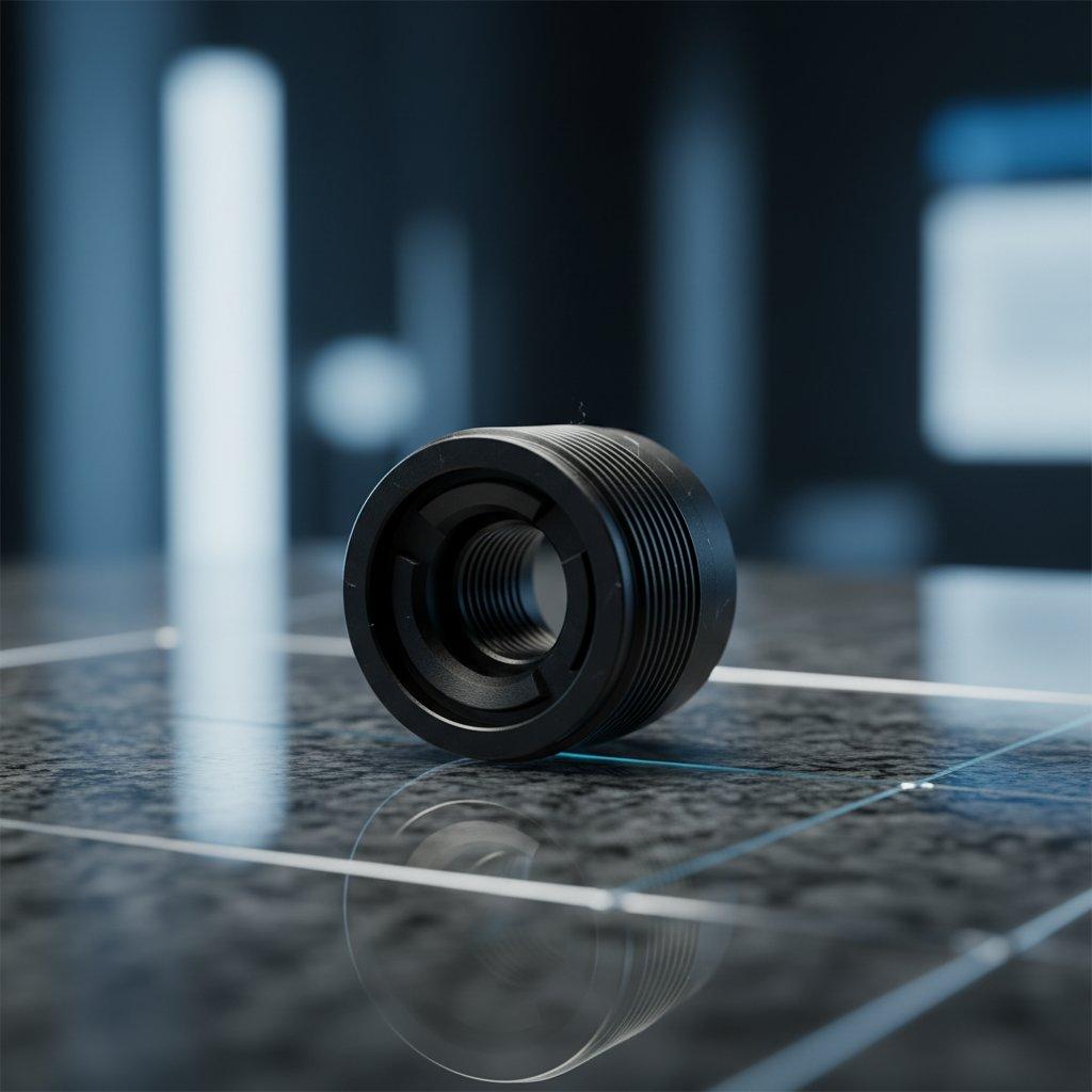 Une photographie ultra macro haute résolution d'un composant complexe de barillet de lentille optique miniaturisée fabriqué en aluminium anodisé noir. Th 1