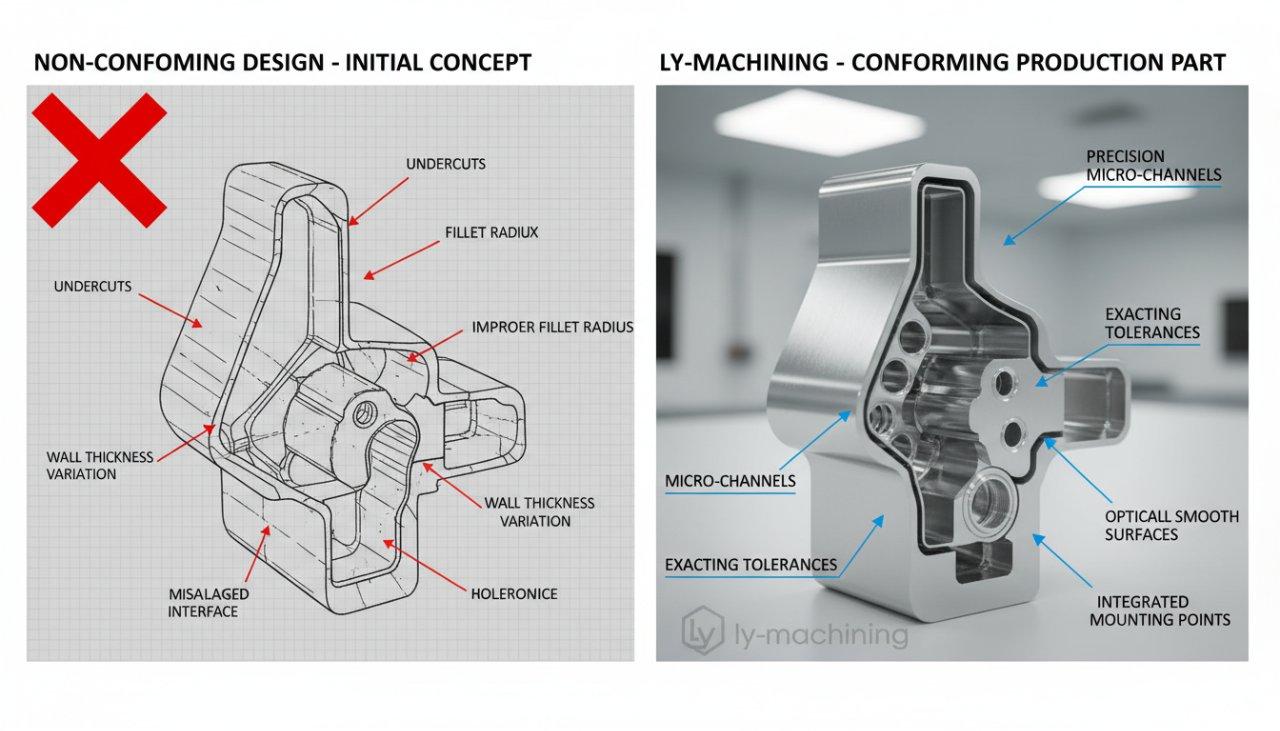 Before-and-after comparison showing a conceptual diagram of a problematic, non-conforming aerospace sensor housing alongside a high-resolution pho