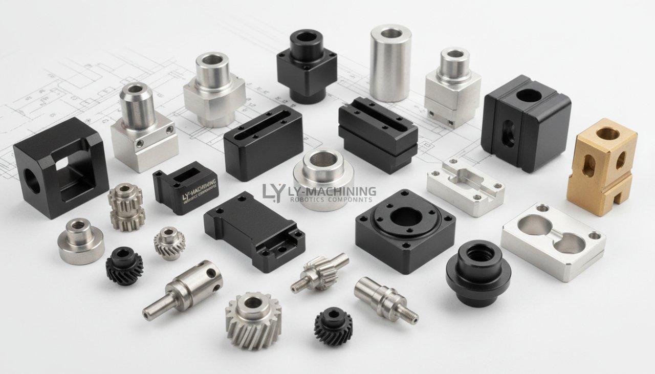 Clean, well-lit image of a diverse collection of precision machined parts manufactured by ly-machining for robotics, showcasing intricate details,