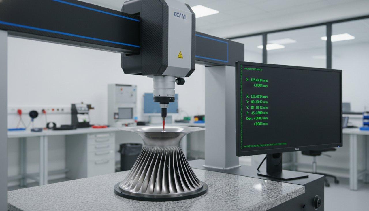 Primer plano de un CMM sofisticado inspeccionando meticulosamente un componente aeroespacial brillante, con su sonda en contacto y mediciones a nivel micro