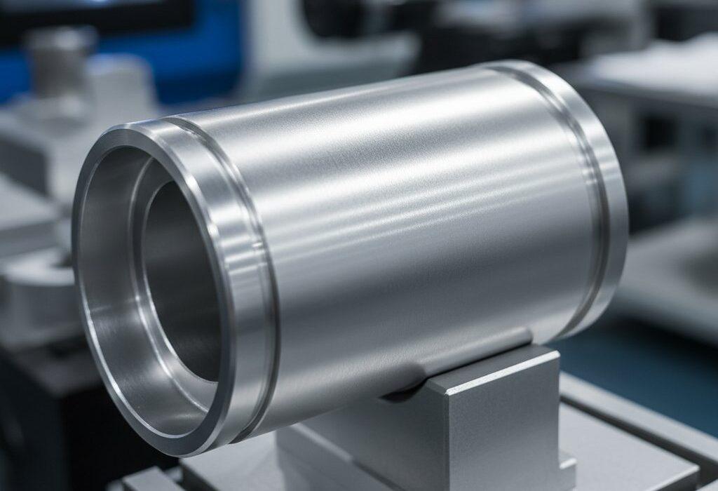 Prise de vue en studio en gros plan d'une lunette en aluminium parfaitement usinée, mettant en valeur sa finition de surface impeccable Ra0.2. Le métal ultra-lisse, semblable à du verre, reflète la lumière avec une brillance subtile, sur un fond flou de fabrication de précision.