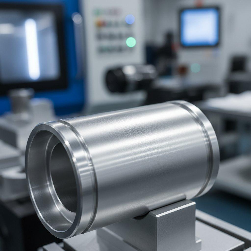 Prise de vue en studio en gros plan d'une lunette en aluminium parfaitement usinée, mettant en valeur sa finition de surface impeccable Ra0.2. Le métal ultra-lisse, semblable à du verre, reflète la lumière avec une brillance subtile, sur un fond flou de fabrication de précision.