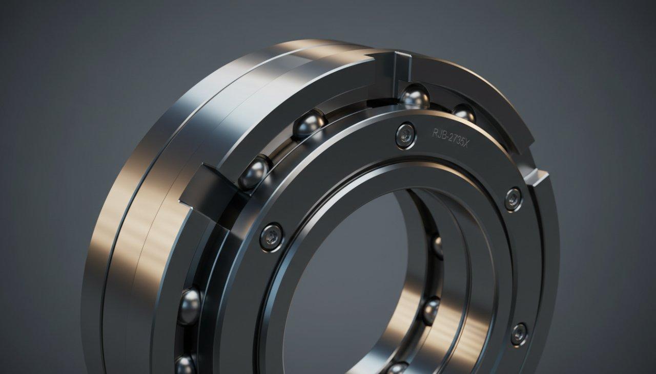 Close-up studio shot of a perfectly machined high-hardness steel robot joint bearing, emphasizing its smooth, mirror-like surface finish and sharp