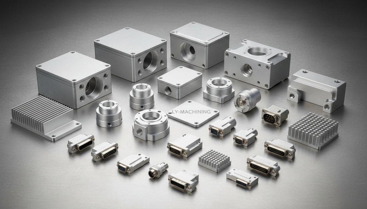 Collection de pièces en aluminium CNC de haute précision fabriquées par ly-machining, présentant divers boîtiers RF, connecteurs et dissipateurs de chaleur avec une finition de surface excellente et des détails complexes.