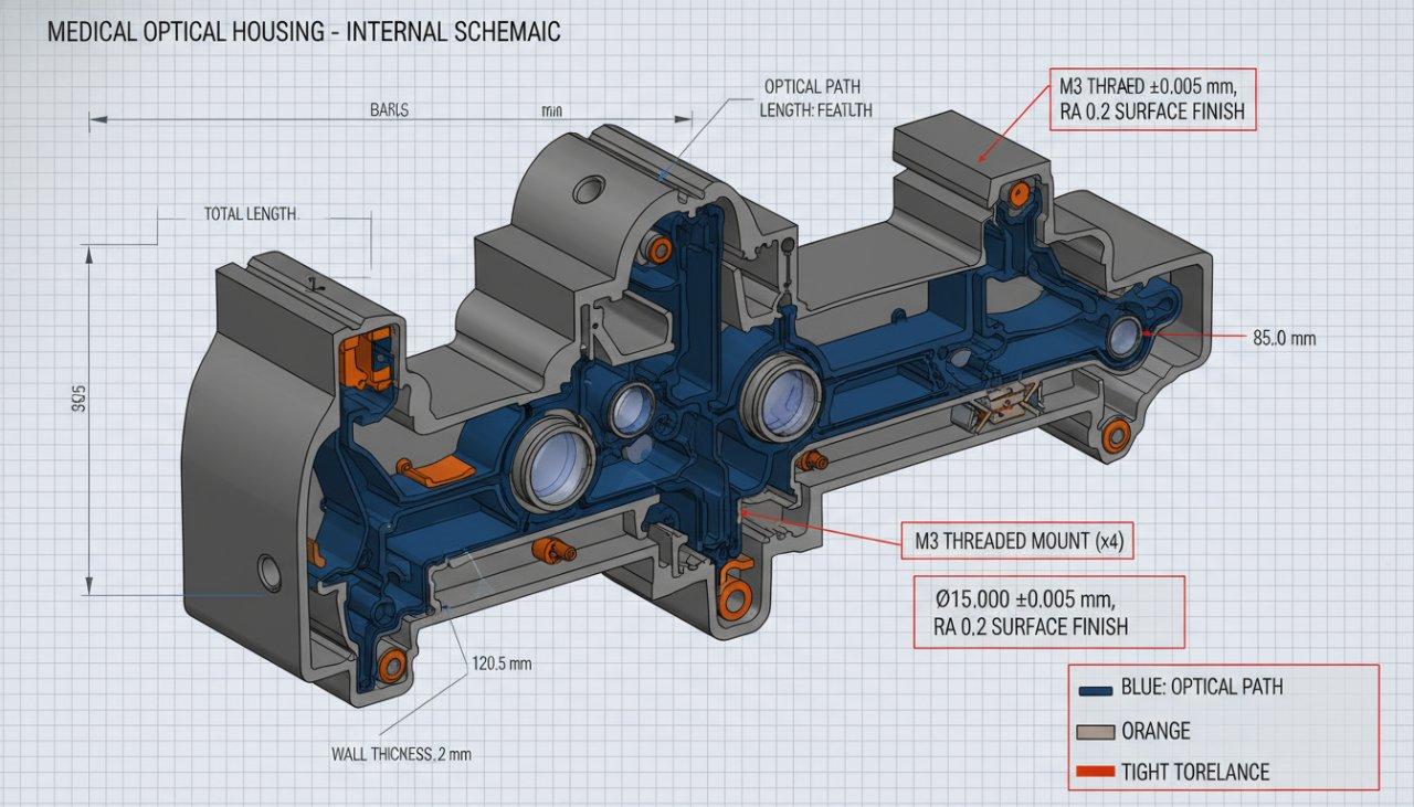 Detailed 3D rendering or technical schematic of a complex medical optical housing, highlighting intricate internal channels, precision mounting fe