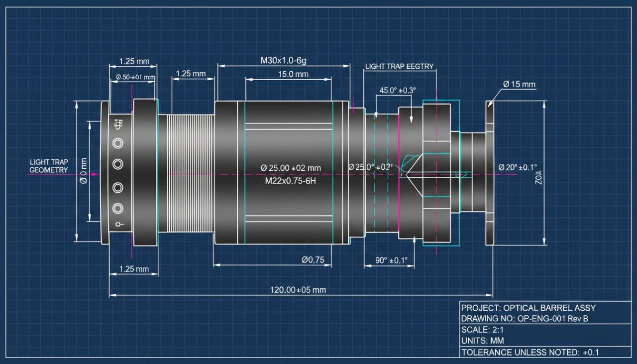 Rendu CAD détaillé d’un plan d’ingénierie d’un tube optique de haute précision, mettant en valeur des caractéristiques complexes telles que plusieurs micro-trous, filetages,
