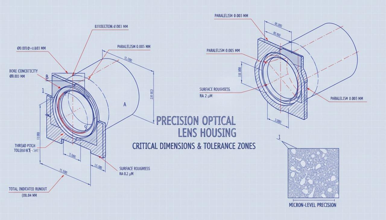 Detailliertes Konstruktionsdiagramm, das kritische Abmessungen und Toleranzzonen an einem optischen Linsengehäuse zeigt. Beschriftungen geben die Anforderungen klar an