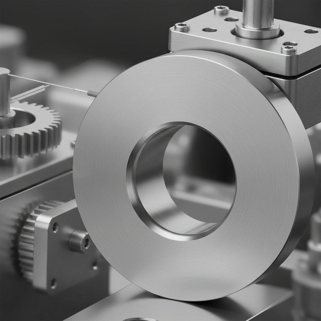 Détail, gros plan à haute magnification d’un micro-trou parfaitement usiné avec des bords impeccables et une surface intérieure ultra-lisse sur un petit composant optique brillant. En arrière-plan légèrement flou, d’autres pièces d’instruments de précision.