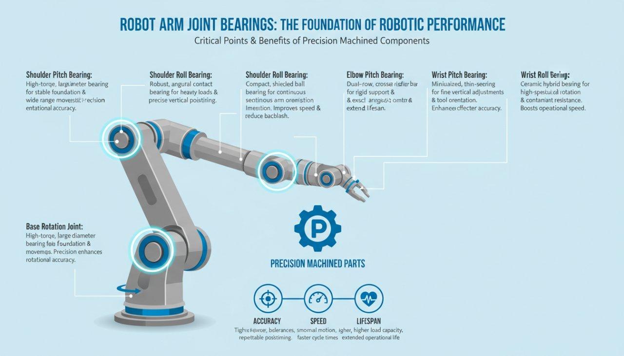 Detailed infographic illustrating a robot arm and its critical joint points, emphasizing how precision machined bearings are essential for achievi