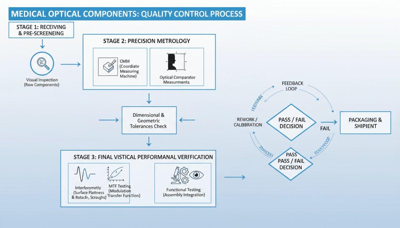 Detailed infographic illustrating the multi-stage quality control process for medical optical components, featuring CMM inspection, optical compar