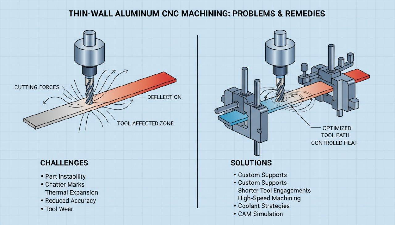 Diagramme vectoriel détaillé illustrant les défis de l'usinage CNC de parois fines en aluminium, mettant en évidence des problèmes tels que la déviation de l'outil, les lignes de vibration et les zones de chaleur. Le graphique compare visuellement ces problèmes avec des solutions efficaces, notamment un montage robuste et des trajectoires d'outil optimisées, pour une fabrication de précision améliorée.