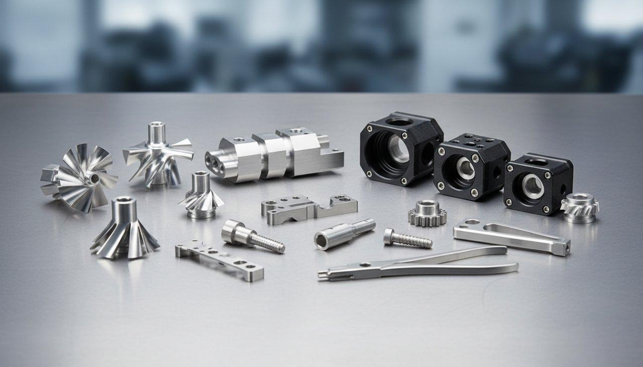 Diverse collection of high-precision CNC machined parts, featuring aerospace components like small turbine blades, medical device parts such as surgical instrument components, and intricate robotics sensor housings. The parts showcase varied materials including aluminum, stainless steel, and titanium, with different surface finishes and complex geometries.