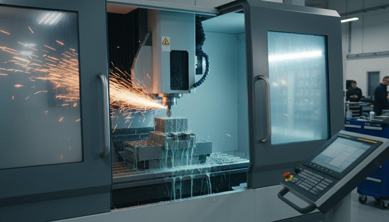 Dynamic action shot of a multi-axis CNC machine intensely cutting a high-hardness metal workpiece in a modern CNC machine shop. Visible sparks and