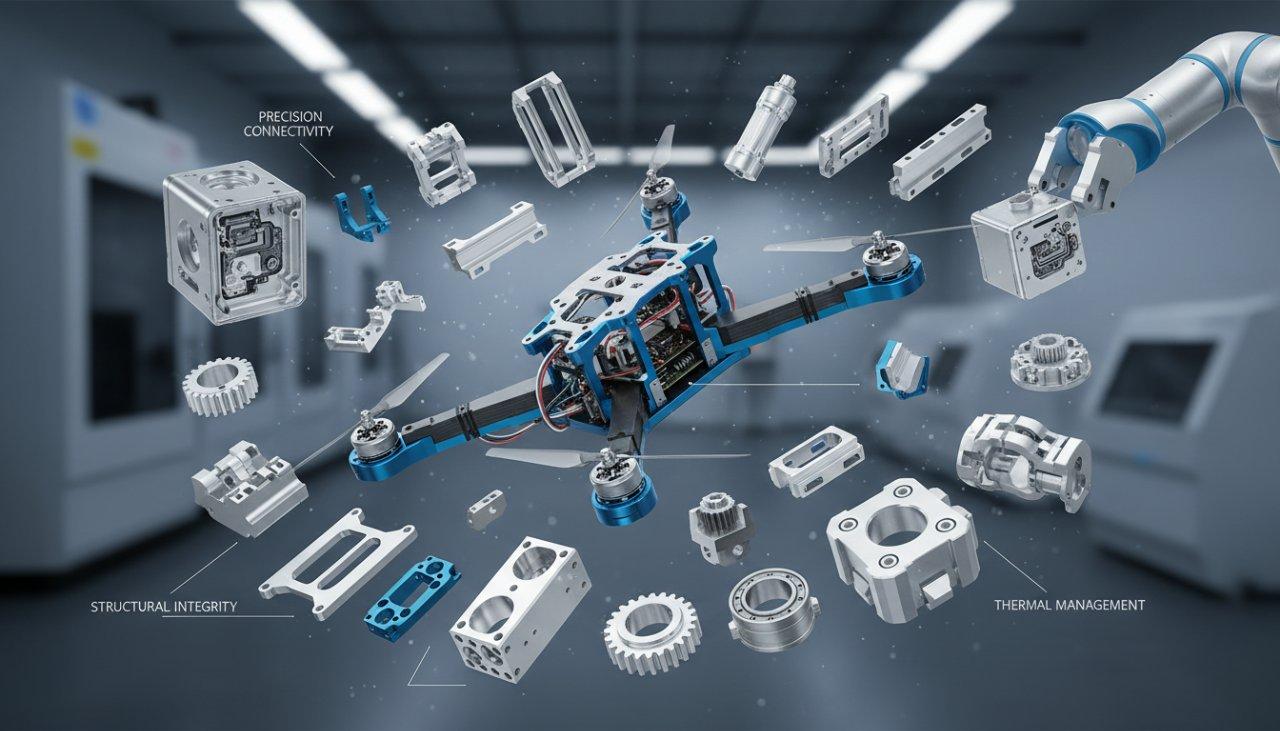 Imagen de colección dinámica que muestra piezas de aluminio mecanizadas con CNC en varias etapas de ensamblaje dentro de un producto de alta tecnología, como un dron o un dispositivo médico. Enfatiza cómo estos componentes de precisión se integran críticamente para formar un sistema más grande y sofisticado.