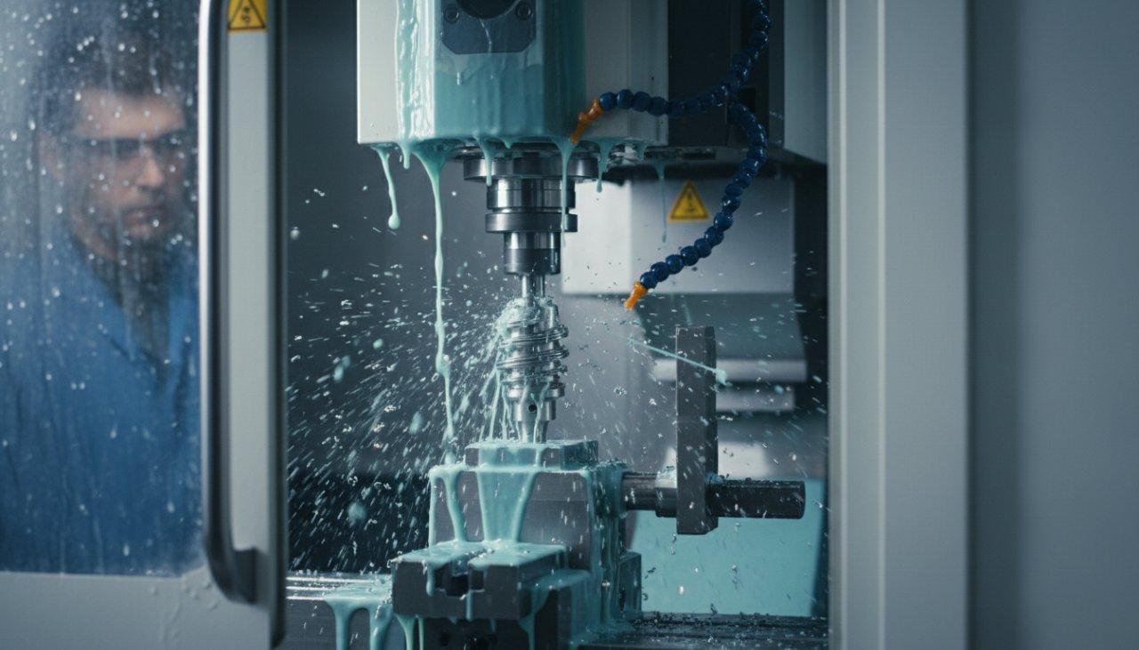 Dynamic shot of a high-precision CNC machine actively cutting a complex medical component, with coolant flowing and metal chips flying, showcasing
