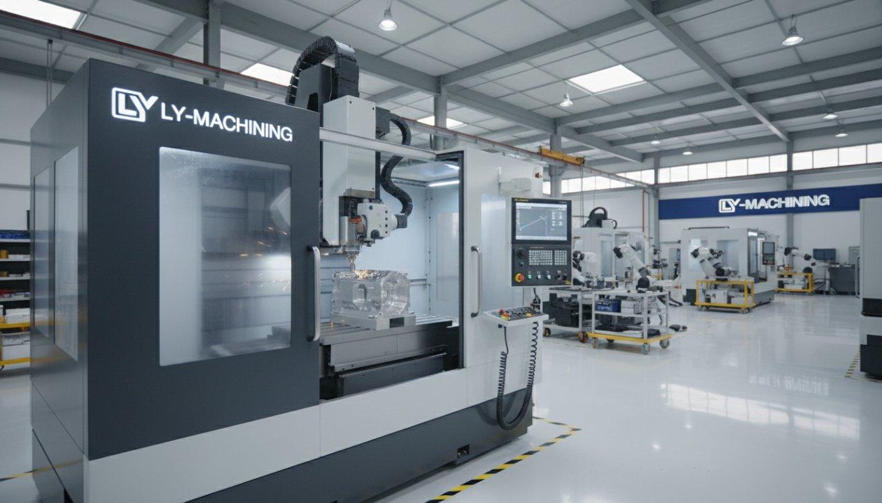 Toma dinámica de una máquina CNC moderna de 5 ejes en la fábrica de ly-machining, mecanizando activamente una pieza metálica intrincada con alta precisión. El entorno limpio y bien iluminado destaca la tecnología avanzada de fabricación en acción.
