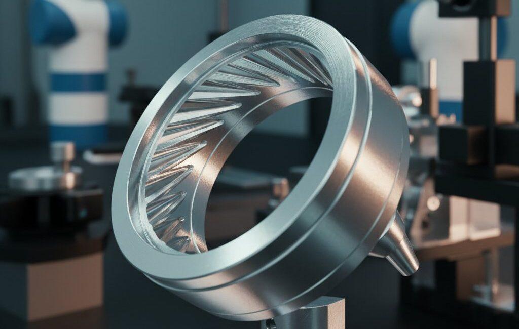 Hochauflösender künstlerischer Nahaufnahme eines komplexen, polierten Aluminium-Optikgehäuses für Linsen. Detaillierte interne Gewinde und eine glatte Außenfläche sind deutlich sichtbar und spiegeln die präzise Fertigungsqualität wider, vor einem sanft unscharfen Hintergrund einer fortschrittlichen Fertigungsanlage.