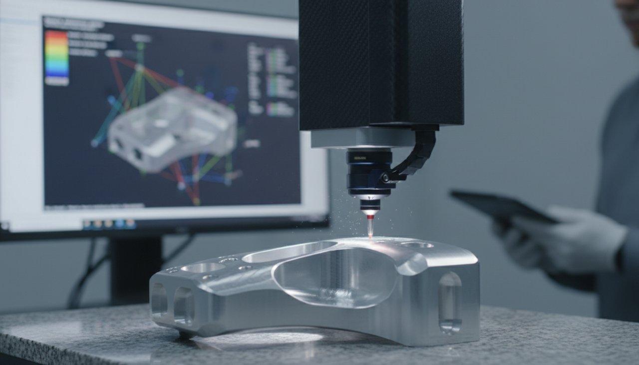 High-resolution close-up of a Coordinate Measuring Machine (CMM) precisely inspecting a complex, finished CNC part. The CMM probe tip is visibly making contact with the part surface, while a background computer screen displays detailed measurement data, emphasizing modern metrology for quality assurance, manufacturing precision, and accurate inspection.