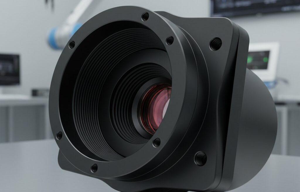 Primer plano de alta resolución de un alojamiento de lente infrarroja mecanizado con CNC meticuloso, mostrando hilos internos intrincados, características de montaje de precisión,