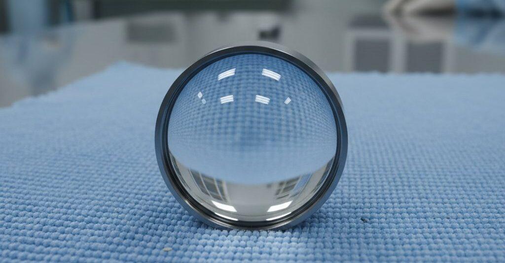 Hochauflösende Nahaufnahme eines sorgfältig gefertigten medizinischen Endoskop-Optiklinsenkomponenten, die auf einem sauberen antistatischen Tuch ruht. Die Linse