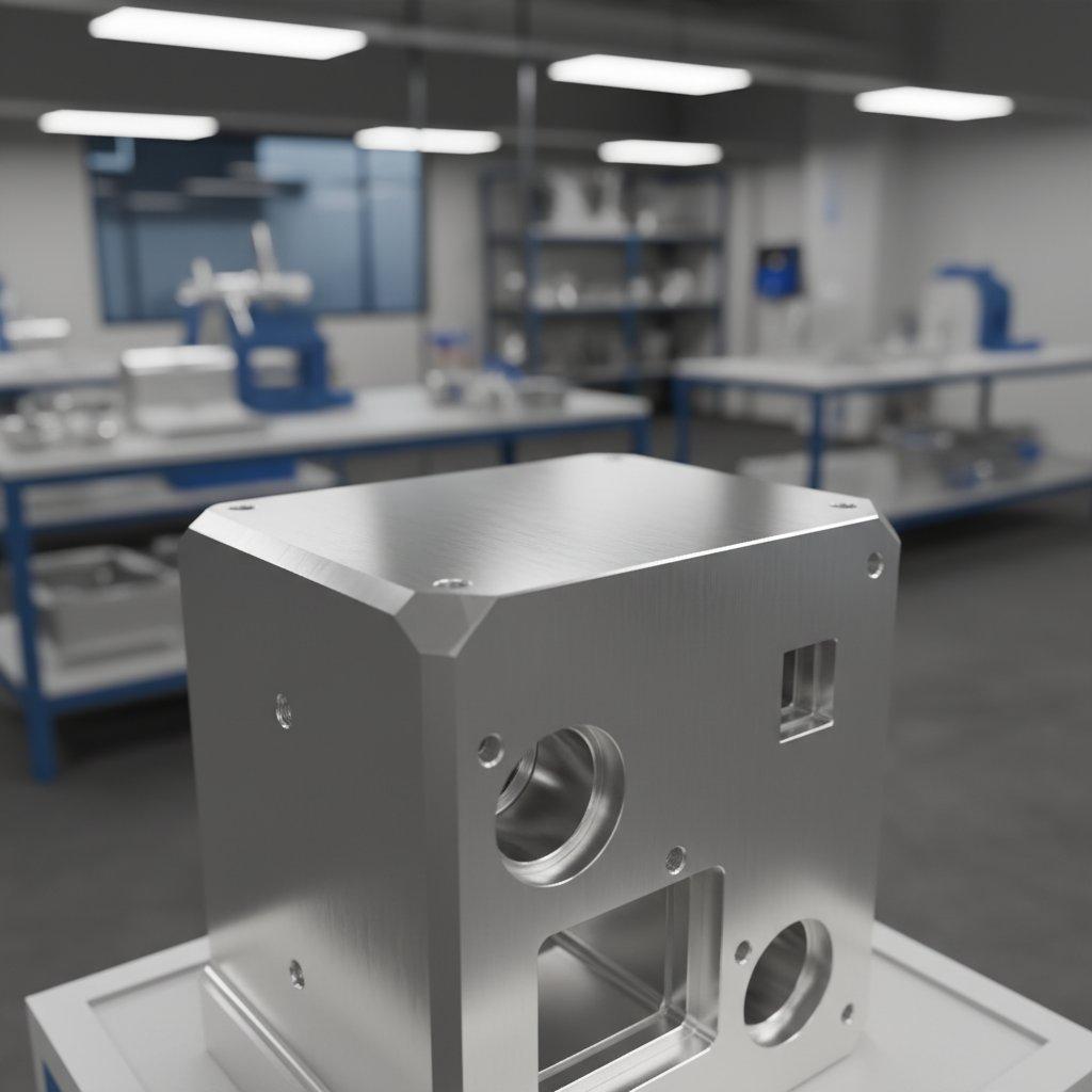 Zoom haute résolution d'un boîtier de filtre de station de base télécom en aluminium usiné avec précision, mettant en valeur sa surface lisse, ses rayons serrés et ses arêtes vives. Des reflets subtils mettent en évidence le détail complexe et la finition supérieure, sur un fond d'atelier technique légèrement flou.