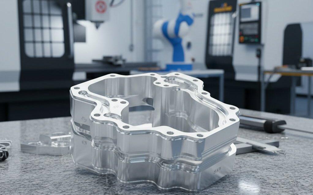 High-resolution image of a meticulously machined aluminum component, featuring a smooth surface finish and intricate details. This complex part, p