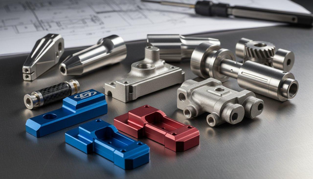 High-resolution product collection of custom CNC parts, featuring various precision-machined components with diverse surface finishes like anodized aluminum, bead-blasted stainless steel, and polished titanium, highlighting superior aesthetic quality.