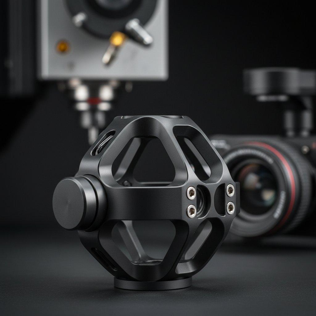 Gros plan artistique très détaillé d’un composant complexe de cardan de drone en aluminium anodisé noir. Sa surface exceptionnellement lisse et impeccable reflète la lumière de manière uniforme, mettant en valeur des courbes complexes, des rayons serrés et des points de fixation précis, témoignant d’un ingénierie de haute précision. Un machine CNC moderne floue et une caméra de drone en arrière-plan soulignent la fabrication avancée.