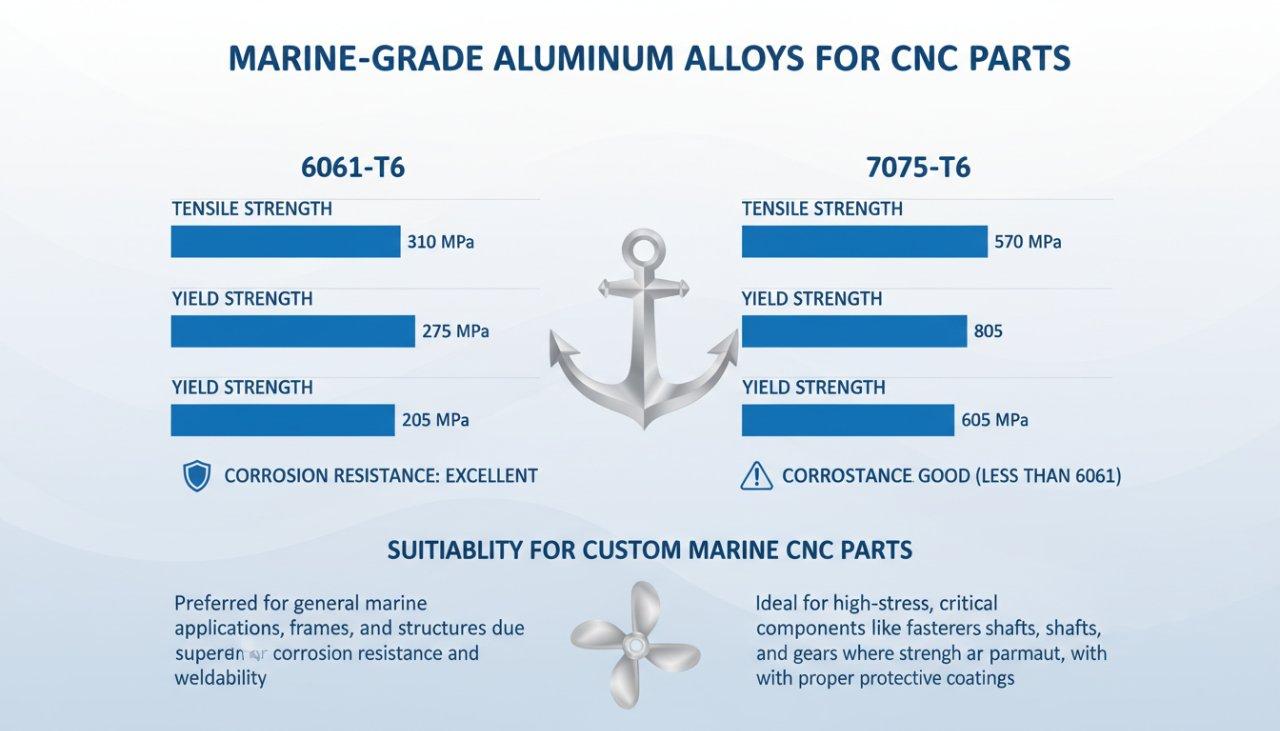 Infographie comparant les alliages d'aluminium marin 6061-T6 et 7075-T6, représentant visuellement leur résistance à la traction, leur limite d'élasticité et leur corrosion
