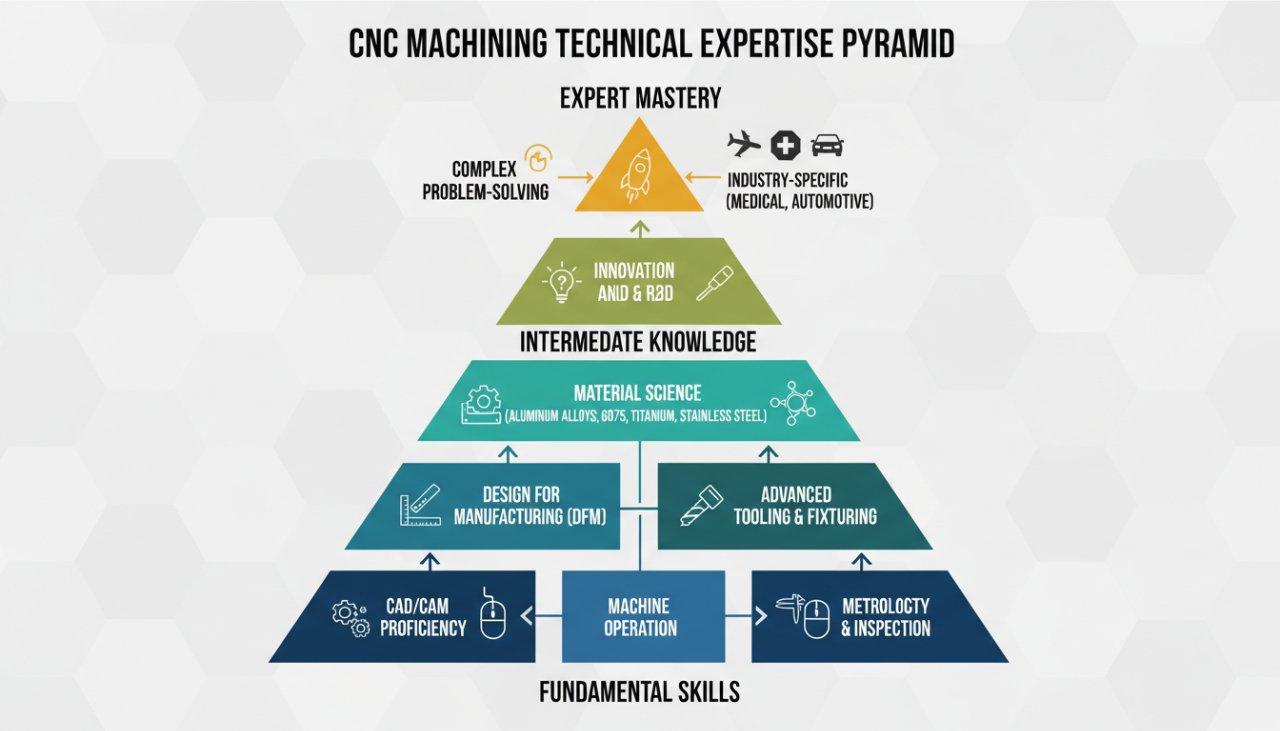 Infographic depicting the CNC Machining Technical Expertise Pyramid, showing foundational skills like CADCAM proficiency and machine operation at