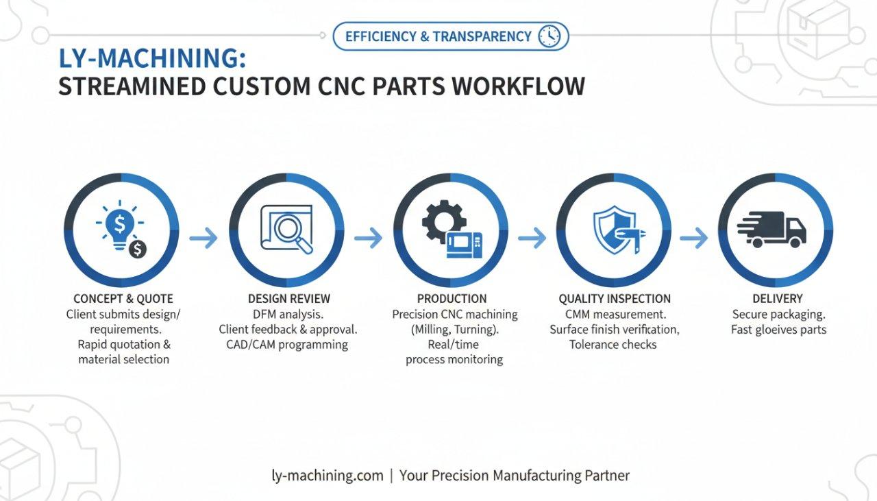 Infographic detailing Ly-machining's streamlined project workflow for custom CNC parts, covering initial concept, quoting, design review, production, quality inspection, and final delivery, emphasizing efficiency and transparency.