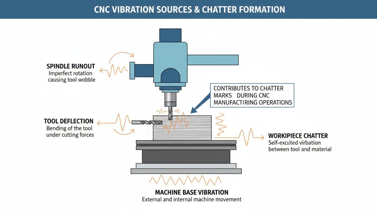 Diagramme infographique illustrant les sources courantes de vibration dans la fabrication CNC, montrant spécifiquement une machine CNC coupant une pièce en aluminium